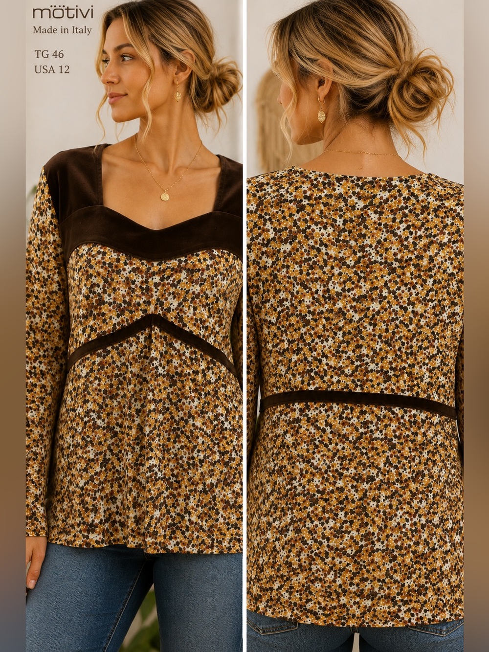 MOTIVI top womens 12 brown floral babydoll boho renaissance velvet trim bell sle